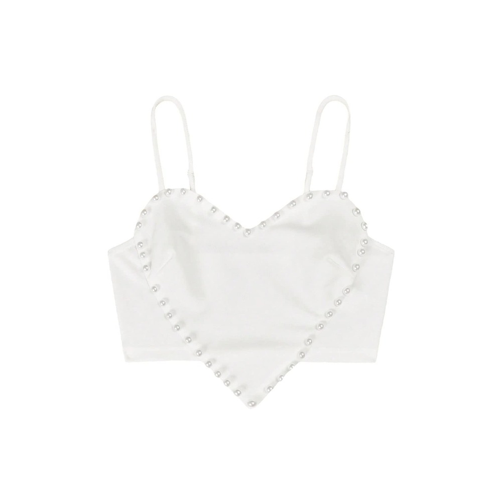 NWT WDIRARA Womens Cami Heart Pearl Crop Top Sparkly Party Outfit White Large